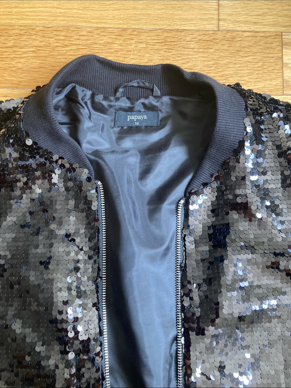 Papaya Black Sequin Bomber Jacket with Ribbed Trim